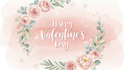 Floral Valentine Day Greeting Card with Roses and Eucalyptus Decoration