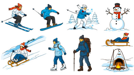 Collection of winter sport activities and snowy scenes, including skiing, snowboarding, sledding, and ice skating