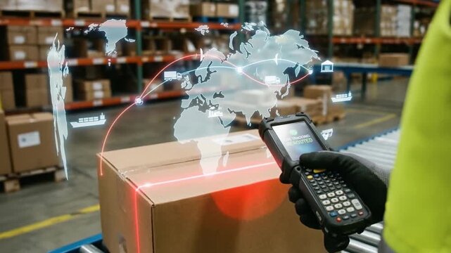 innovation driven efficiency model concept. Warehouse worker scanning packages with a digital map overlay.