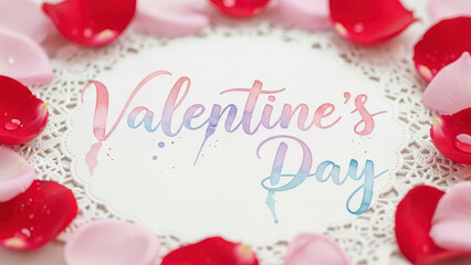 Handwritten Valentine Day Message with Rose Petals on Lace Background