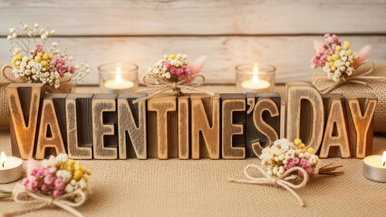 Wooden Valentine Day Decoration Display with Flowers and Candles on Table