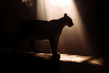 Majestic mountain lion silhouette illuminated by sunlight, creating a captivating wildlife scene in natural habitat. Stunning photography.