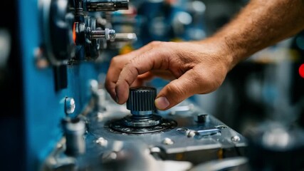 Closeup of a rotary switch being replaced on an industrial machine highlighting skilled hands managing precise mechanical components.