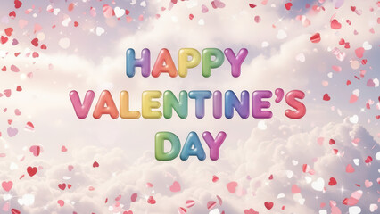 Colorful Valentine Day Greeting with Hearts and Confetti Celebration Background