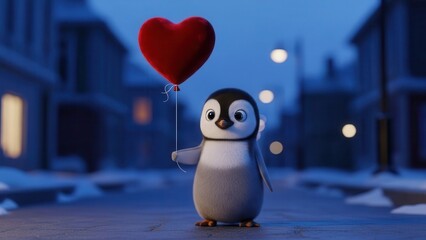 Cute Penguin Holding Heart Balloon for Valentine Day Celebration