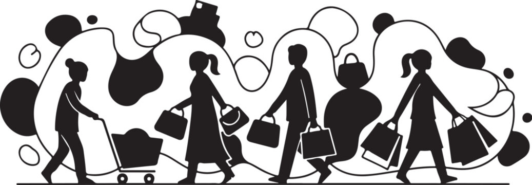 Silhouettes of people shopping with bags and cart