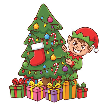 Christmas Elf Decorating a Tree with Gifts.