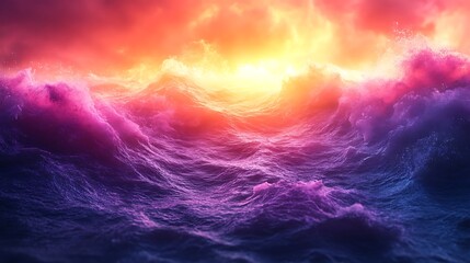 Turbulent ocean waves crash under a dramatic glowing sky, featuring intense orange, pink, and violet colors