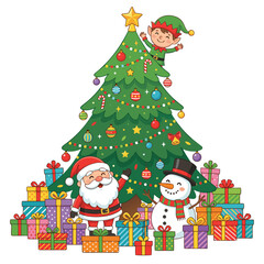 Christmas Tree with Santa Claus and Snowman Surrounded by Gifts.