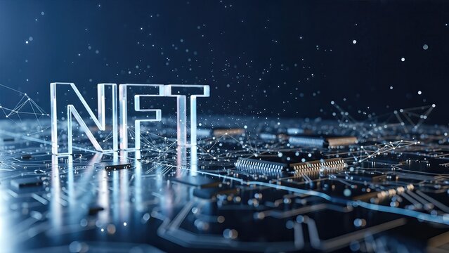 NFT concept displayed with illuminated letters on a digital circuit board, representing the intersection of technology and cryptocurrency in modern investments - Powered by Adobe