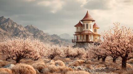 Spring blooms surround a whimsical castle in a serene landscape with mountains in the background and delicate pink flowers in full bloom