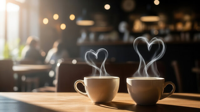 Couple coffee cups with heart-shaped steam for Valentine day celebration