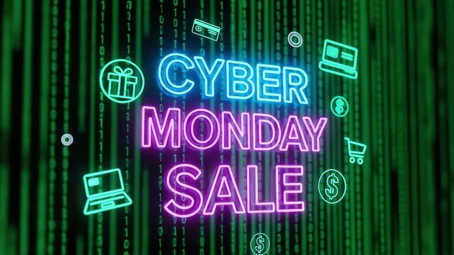 Cyber monday sale neon sign with icons on green binary code background