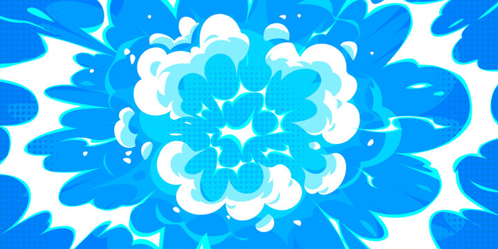 Cartoon manga anime battle effect blue background. Dynamic explosion with smoke clouds, light beams and dotted halftone texture in comic style. Bright vector energetic, powerful burst pop art effect