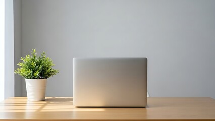 Minimalist workspace with a laptop and green plant isolated with shadows on white background. AI GENERATED.

