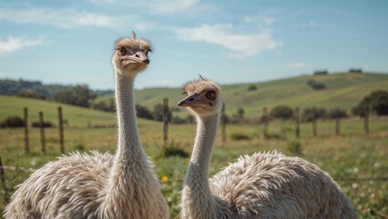 Two Ostriches Rural Landscape With