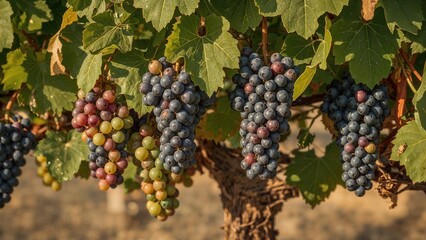 Bunches of grapes hanging from a vine with green leaves, ripening for harvest. Vineyard and agriculture, concept of winemaking and farming. The concept of viticulture and harvest readiness