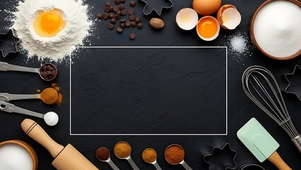 Baking ingredients and tools on black surface for cooking and recipe design