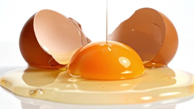 A video showcasing a close up of egg yolk pouring onto a plate with broken eggs Science and technology Background Footage