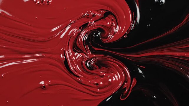 Abstract motion background of thick, dark, viscous, swirling red and black liquid paint merging slowly and ominously in a seamless, high-detail loop darkness, red, motion