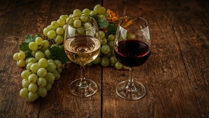 Two glasses of wine, white and red, placed beside a bunch of green grapes on a rustic wooden surface.