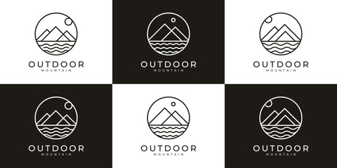 Outdoor adventure logo emblem with mountains and lakes