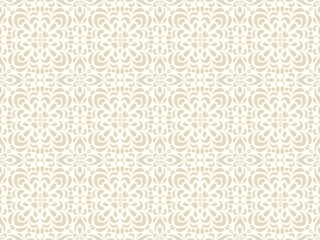 Lace baroque seamless pattern. Beige ornate design with floral and geometric elements for interior design, wrapping paper or fabric. Classic swirl backdrop in monochrome pastel color.