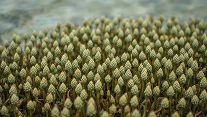 Close-up of a dense cluster of green pine cones.