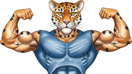Muscular cartoon leopard flexing muscles isolated on transparent background