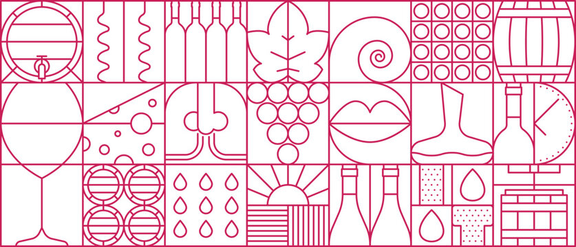 Winemaking, winery and viticulture geometric pattern with barrels, bottle and glass, grapes and cheese, vineyard, corkscrew and lips. Vector wine and vineyard background with minimal linear symbols