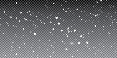 Winter snow overlay with falling snowflakes on dark transparent background - realistic white flake particles floating down design, holiday decoration and seasonal effect composition. © Creative