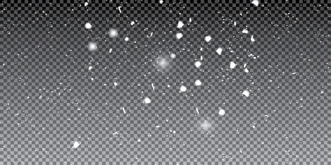 Winter snow overlay with falling snowflakes on dark transparent background - realistic white flake particles floating down design, holiday decoration and seasonal effect composition. © Creative