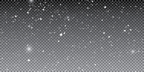 Winter snow overlay with falling snowflakes on dark transparent background - realistic white flake particles floating down design, holiday decoration and seasonal effect composition. © Creative