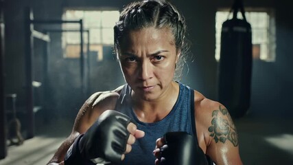 Boxer woman showing determination and resilience during training in gym.