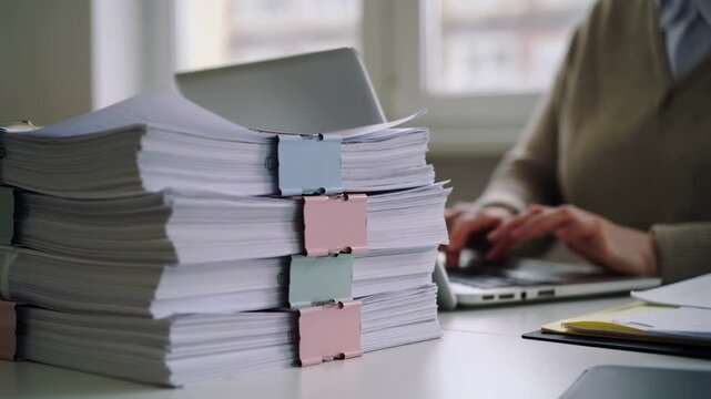 Large stack of paperwork on office desk with office worker working in background representing bureaucracy workload and administrative tasks.
