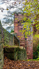 A view towards a defensive turret on the city walls walkway in the city of Chester, Cheshire, UK