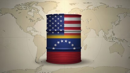 American and venezuelan flags on a oil barrel with world map background