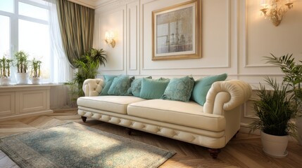A modern living room showcasing blue couches and a beautiful chandelier illuminating the space.