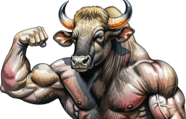 Muscular bull showing off strength with flexed arm isolated on transparent background