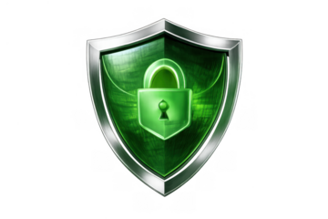 Green metal shield securing padlock, symbolizing cybersecurity, digital data protection, and online privacy