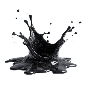 Jet Black Glossy Liquid Splash with Dynamic Flow Isolated on White Background, Abstract Paint and Ink Motion Concept