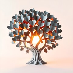 Stylized tree with heart-shaped leaves glowing with warm light at the center. Conceptual illustration of love, hope, and Valentine&rsquo;s Day symbolism.