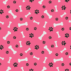 Pink seamless pattern with cute black paw prints and white dog bones background