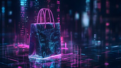 Illuminated shopping bag in futuristic cityscape