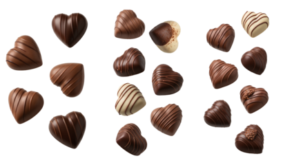 Falling heart shaped chocolate pralines with drizzle PNG. Assorted milk and white candy sweets. Romantic valentine day dessert elements for gift design isolated