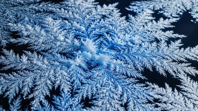 Abstract motion background showing intricate blue and white ice patterns rapidly growing and spreading across a dark surface in loop white ice patterns, seamless loop, icy design