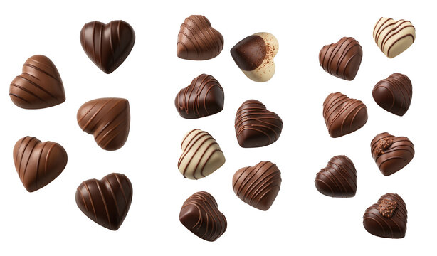 Falling heart shaped chocolate pralines with drizzle PNG. Assorted milk and white candy sweets. Romantic valentine day dessert elements for gift design isolated