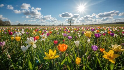 Obraz premium Colorful flower field under sunny sky with clouds, bright sunlight, and lush greenery. Nature and floral landscape, vibrant colors, and clear weather.