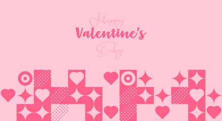 Happy Valentines Day geometric abstract background with pink heart and shapes. Modern vector design for greeting card or banner.