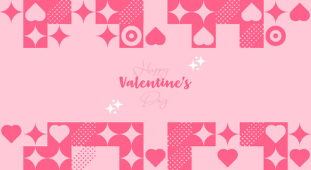 Happy Valentines Day geometric abstract background with pink heart and shapes. Modern vector design for greeting card or banner.